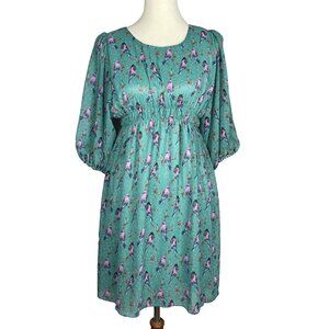 SooLee London Bird Dress Womens Size M/L Green w/Pink Winter Birds Fit and Flare